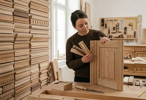 Wood moldings and samples of wooden profiles for finishing and decorative interior design