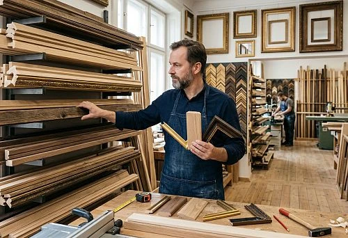 Wooden baguette and molding for frames in frame and decorative frame workshop