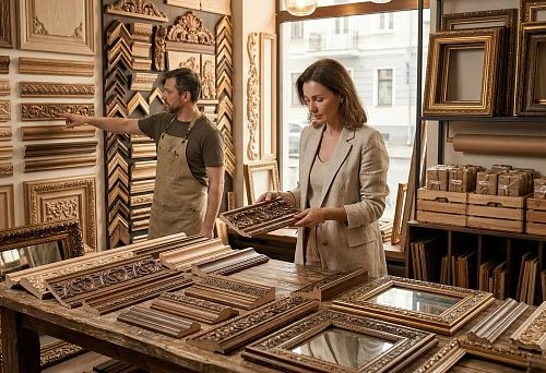Wooden frame molding and carved trim in a decorative wall and frame elements store interior