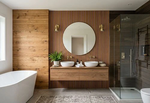 Wooden panels in the bathroom with slatted wall finish and wall-mounted vanity