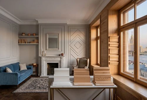 Wall moldings in Moscow in a living room interior with classic decoration
