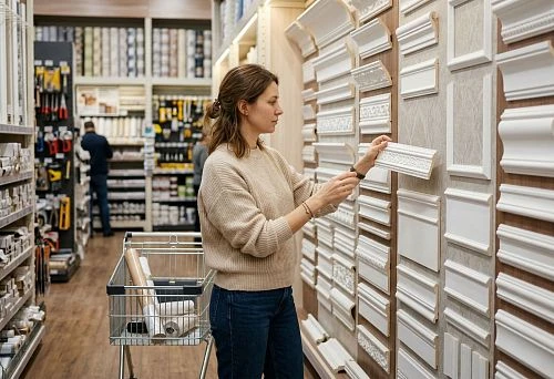 Customer selects decorative moldings for interior in a finishing materials store