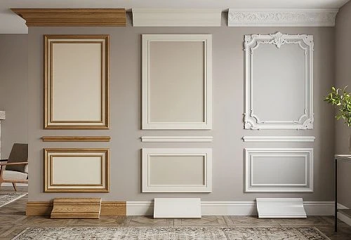 Wood, MDF and polyurethane wall moldings in interiors with samples of different profiles