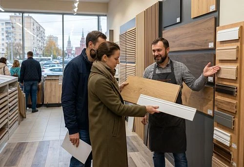 Skirting board for MDF in Moscow at the finishing materials showroom