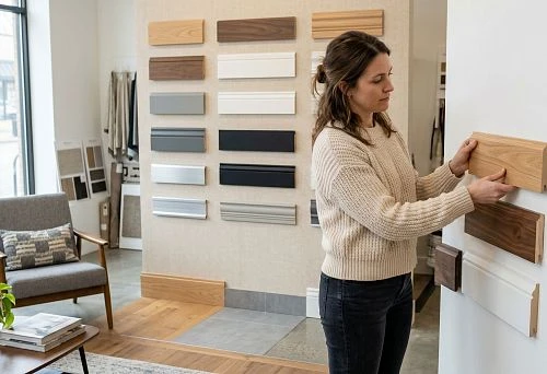 Floor skirting board and samples of floor profiles for choosing interior finishes