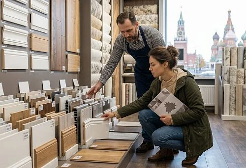 Floor skirting board in Moscow at the finishing materials showroom