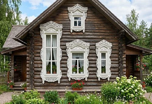 Carved architraves for non-standard windows of a wooden house