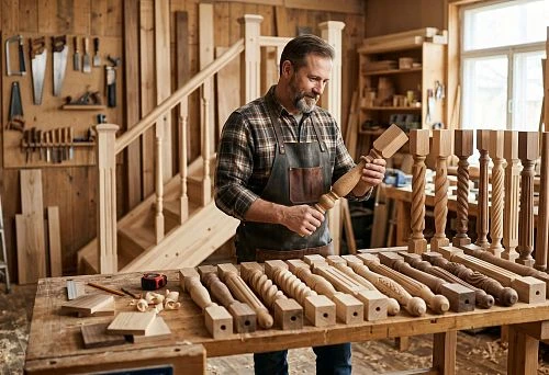 Wooden stair balusters in a classic home interior