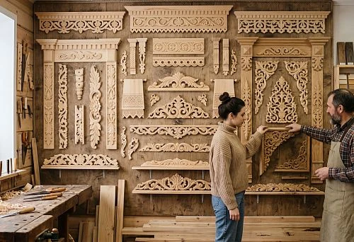 Carved patterns for wooden casings in the workshop with samples of decorative elements