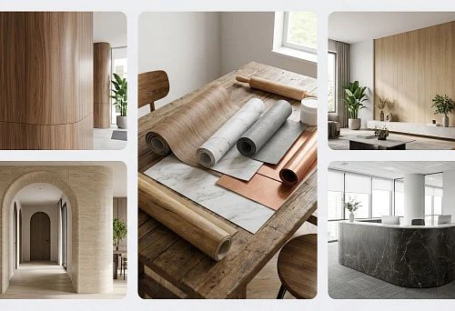 Flexible wood-look panel for finishing a round column in a modern interior