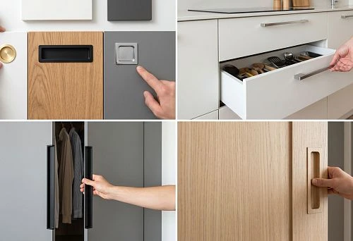 Inset furniture handles on kitchen facades, cabinets, or sliding doors