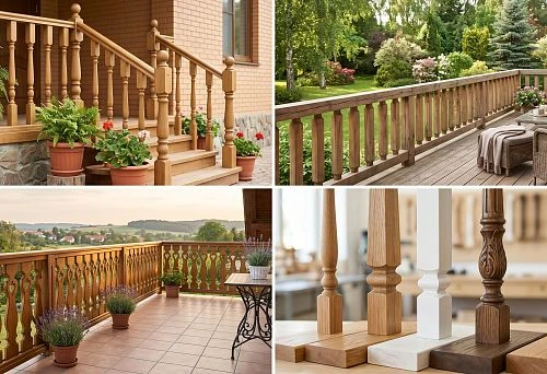Wooden balusters for terrace with railings and support posts