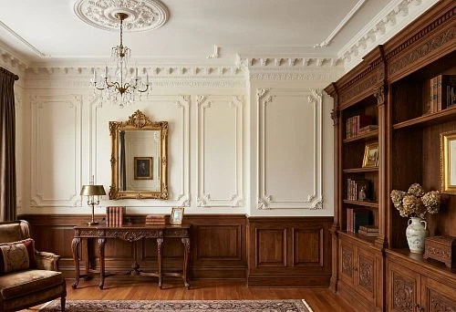 Stucco and wooden decor in a classic interior room