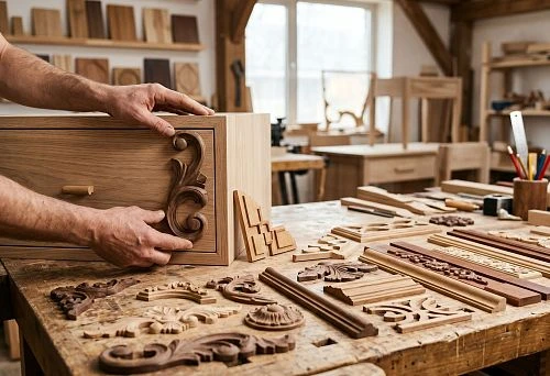 Wooden furniture overlays and decorative elements for facades
