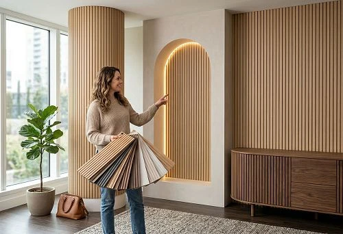 Flexible slatted panels for interior walls, columns, niches, and furniture with radius forms