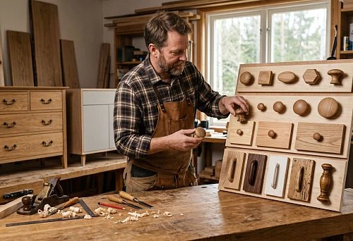 Wooden knob handle for furniture on the facade of a wardrobe, chest of drawers, or kitchen