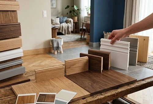 Wooden floor skirting board in the interior of a living room or bedroom