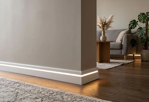 MDF skirting board with lighting for the lower light contour of the wall