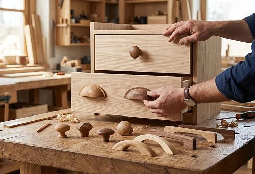 Knob handle and bracket handle made of wood for furniture facades