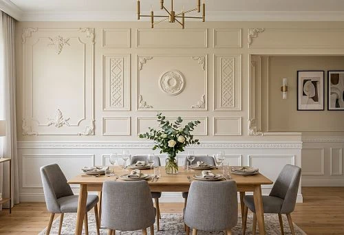 Wall decor in the dining area made of STAVROS polyurethane moldings and panels