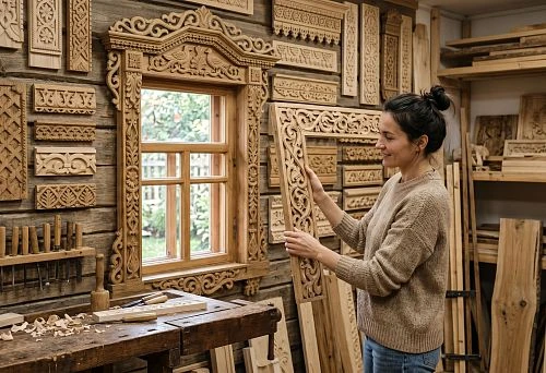Carved wooden window casings in the workshop with samples of decorative carving