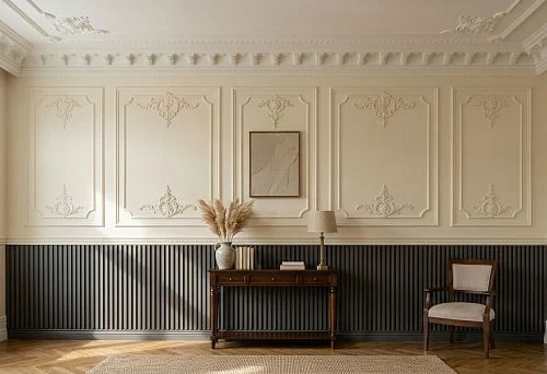 Stucco decor and slatted panels on the wall with moldings and polyurethane elements
