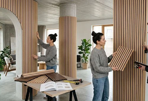 Flexible wall panel slats for column finishing in interior