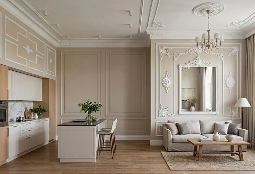 Stucco decor for a kitchen-living room with wall zoning using moldings and polyurethane elements