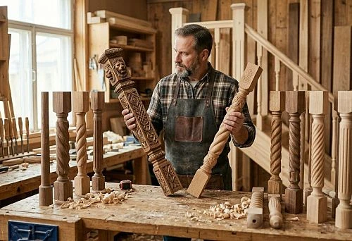 Carved wooden posts for stairs and railings