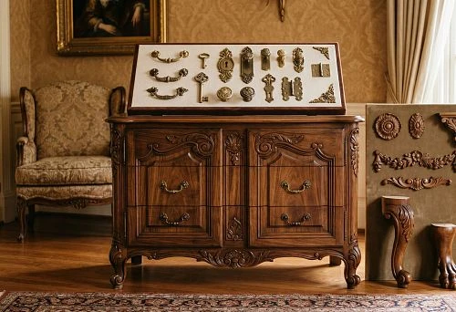 Classic wooden furniture with handles, legs, overlays, and decor