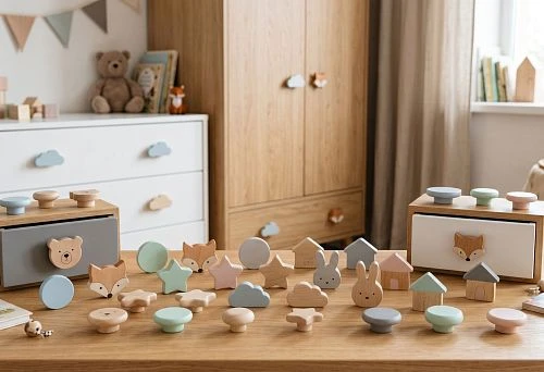 Wooden handles for children's furniture: wardrobe, chest of drawers, and nightstand