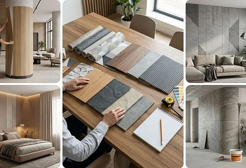 Flexible wood-look panels for finishing a round column in a modern interior