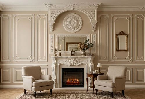 Wall decor with a fireplace made of STAVROS polyurethane moldings and panels