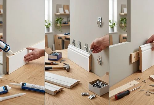 Attaching MDF baseboard with glue, clips, or mounting strip