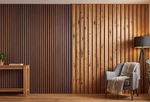 Wooden wall panels in the interior: dark and light slatted wood panels in a modern room