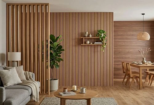 Interior wooden panels in the interior: slatted wall finishing and a wooden partition for zoning the space