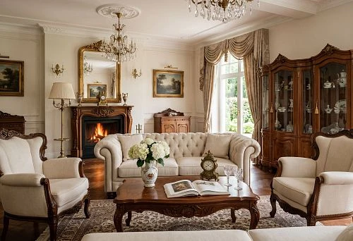 Classic living room furniture in a light apartment interior