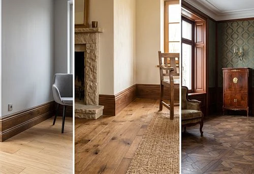 Wide wooden floor skirting board for a classic interior