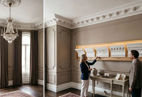 Wide ceiling cornice for high ceilings in a classic interior