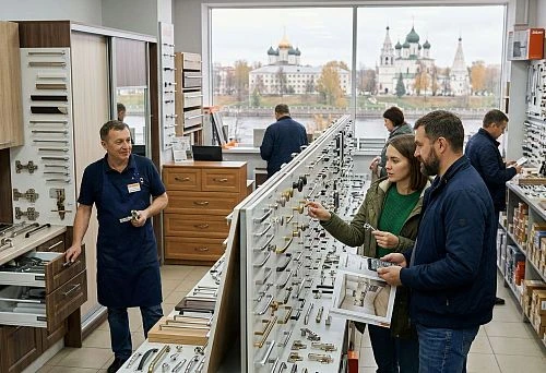 Customers choose furniture fittings in Yaroslavl for kitchens, wardrobes, dressers, and custom-made furniture