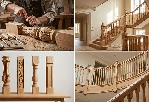 Carved wooden stair post from solid wood