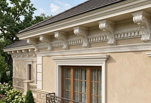 Polyurethane modillions under the facade cornice of a private house