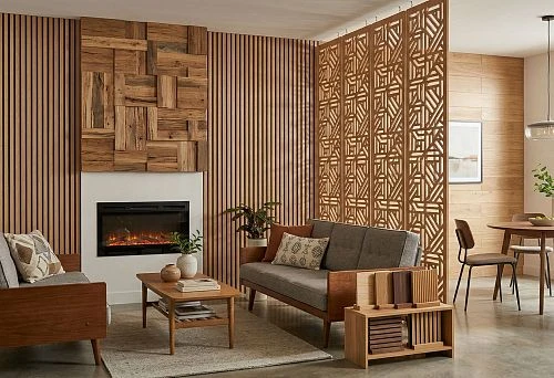 Decorative wooden panels in the interior: slatted walls, carved partition, and accent finishing for the fireplace area