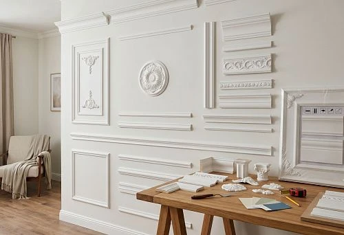 Stucco wall decor for painting with polyurethane moldings, overlays, and ready-made kits