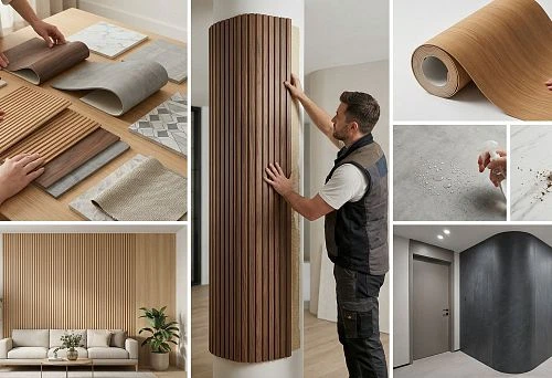 Samples of internal flexible wall panels with wood, stone, and decorative textures for interiors