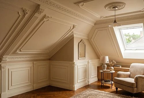 Stucco decor for the attic with polyurethane moldings on a sloped wall