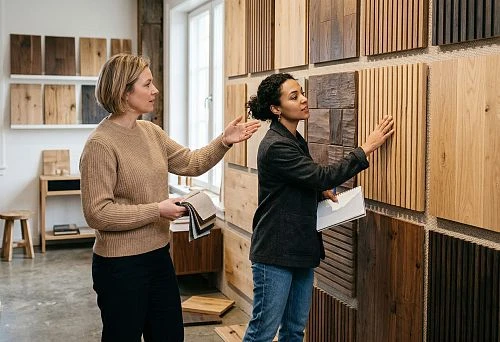 Choosing wooden panels for walls and interiors in a showroom with samples of textures, shades, and slatted panels