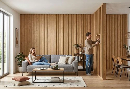 Wooden wall panels in the interior of the living room and dining room for accent decoration and space zoning