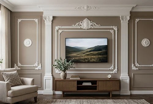 TV area decor made of polyurethane with moldings, columns, and a stucco composition around the television