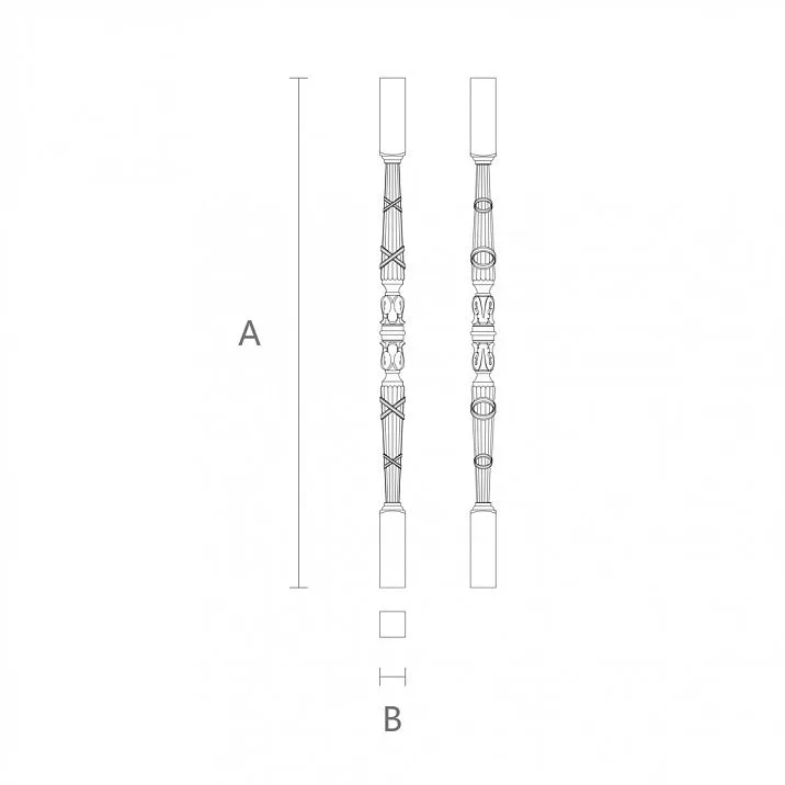 Wooden staircase baluster L-046 with vertical patterns and botanical motifs &mdash; drawing